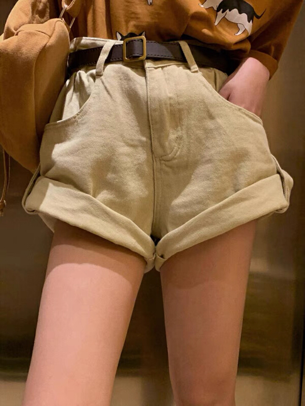 New in early summer! [c.h.z] casual style versatile simple cream apricot hem denim shorts (with belt) 6569# WTT