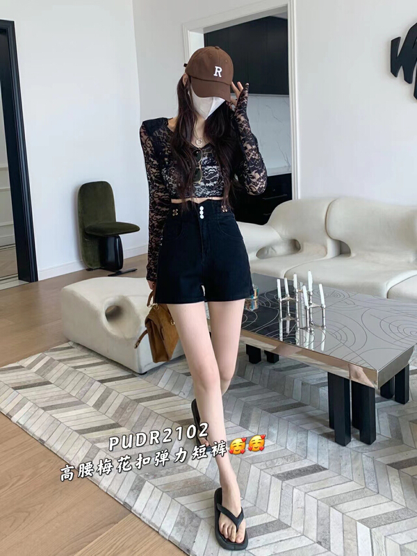 [pudr] Western style high waist cross metal design denim shorts 2102 blue 2102-1 black 2102-2 white # XJ