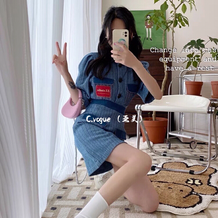 New in early summer! [c.vogue] Korean style button up denim jacket + high waist slim A-line skirt suit 2925# PCZ