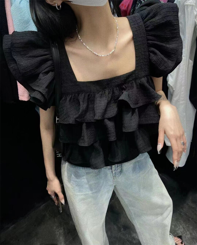 [buyer's strict selection - God of wealth] square neck Ruffle temperament short vest / suspender 1555# Cl