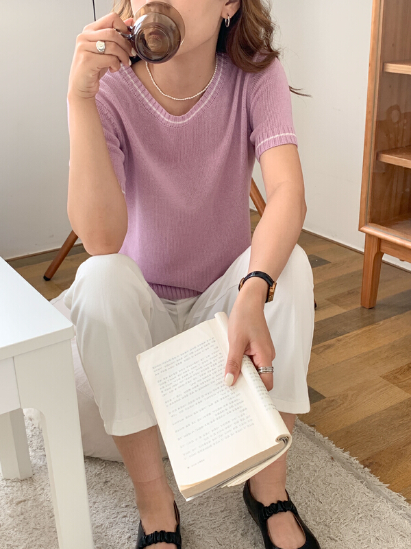 New year in early spring! [Tn] Korean color contrast short sleeve sweater xm9028# cqw