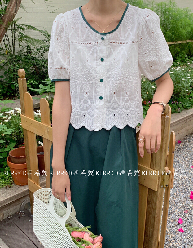 [CIG] Korean embroidered small shirt with color contrast edge and button 6092# L