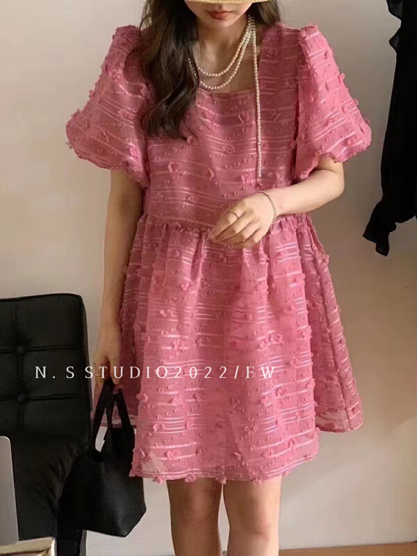 [N.S] French bubble sleeve three-dimensional flower square neck lady dress 8276# WPL