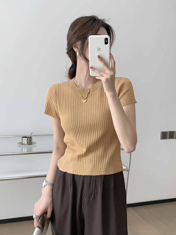 In early summer! [Qiqi clothes house] solid color slim fitting short sleeve ice silk sweater 458\xyy