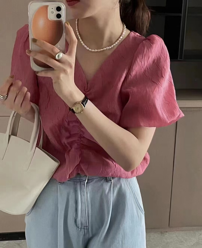 [baby] Korean pleated V-neck versatile shirt 8610\wtt