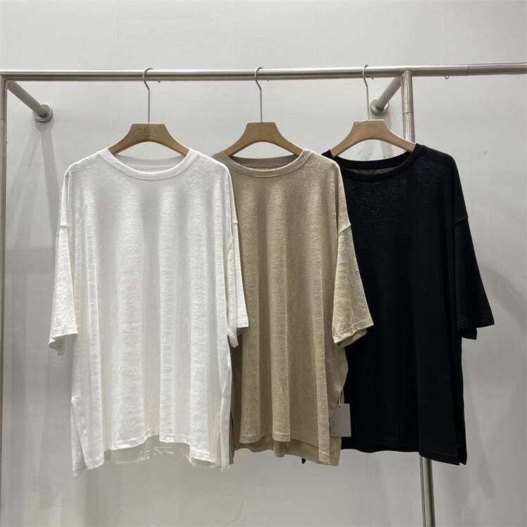 [self] crew neck solid color slit linen short sleeve T-shirt a5971# zyh
