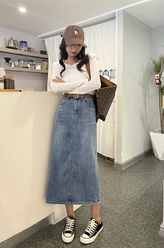 [en Xier] Korean high elastic split medium length denim skirt (with belt) eb0981# L