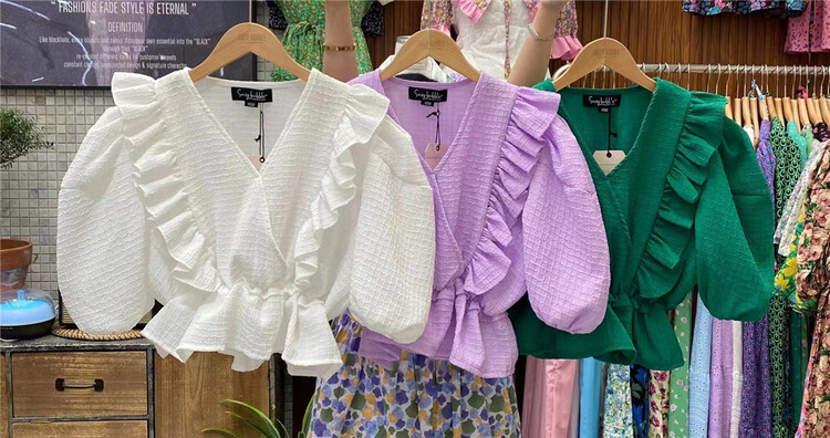 [N21] French V-neck fungus edge bubble sleeve short shirt 8551# WPL