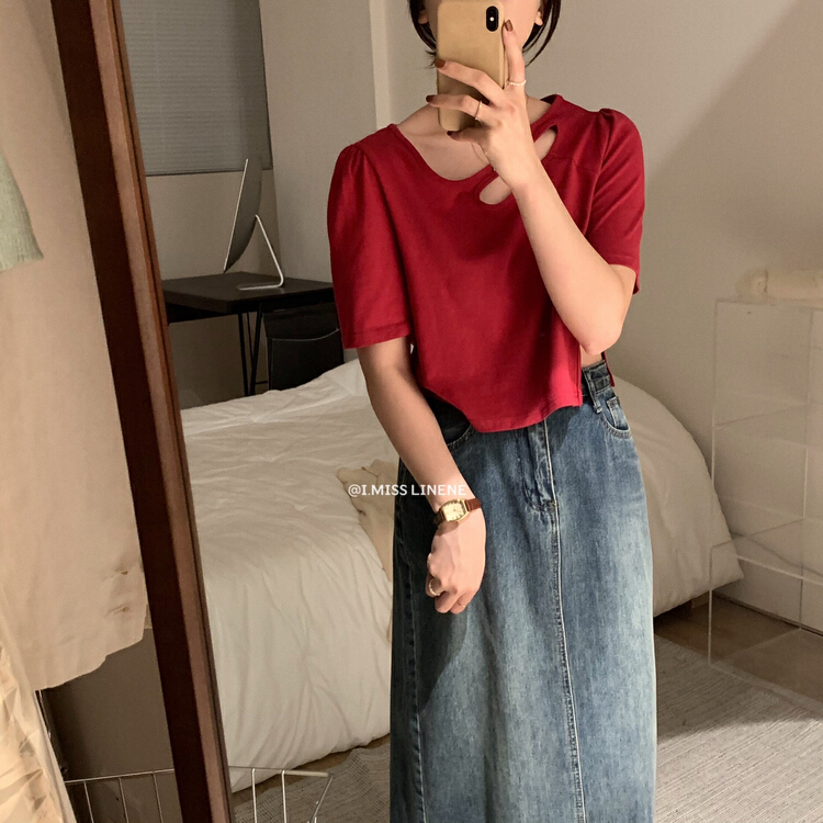 [Imiss] simple hollow out versatile short sleeve T-shirt cx3331# LSW
