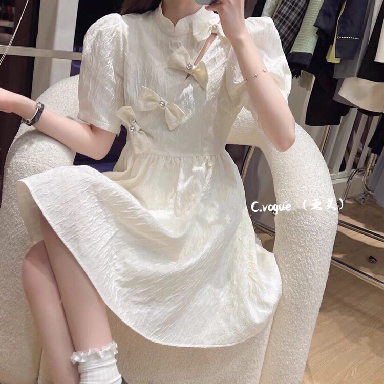 New in early summer! [c.vogue] retro temperament high waist thin bubble sleeve bow dress 29260# PCZ