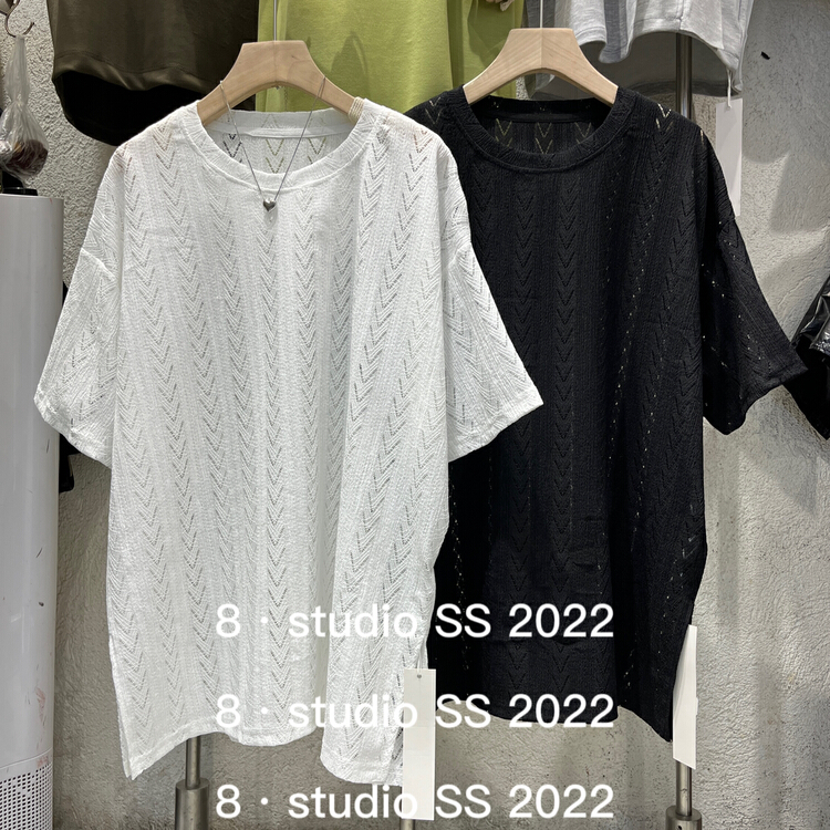 【8】 Loose large lace Jacquard side slit round neck short sleeve T-shirt 9906# XYY