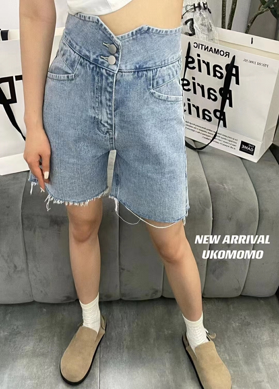 [x2 Fansi feather] high waist loose five point denim shorts 70053# WTT