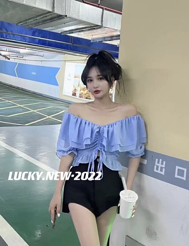 [lucky] line neck drawstring bubble sleeve waist closing blouse 8835# zxx