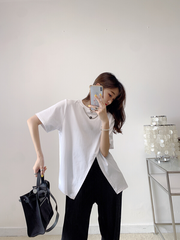 [Vanessa] design slit Casual Short Sleeve T-shirt 6210# ozq