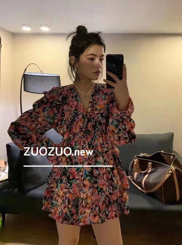 New year in early spring! [Zuo Zuo] V-neck floral Pleated Dress 3007# ozq