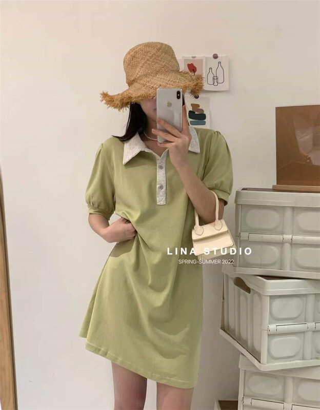 [Lina] Korean Short Sleeve color contrast dress 8950# zxx