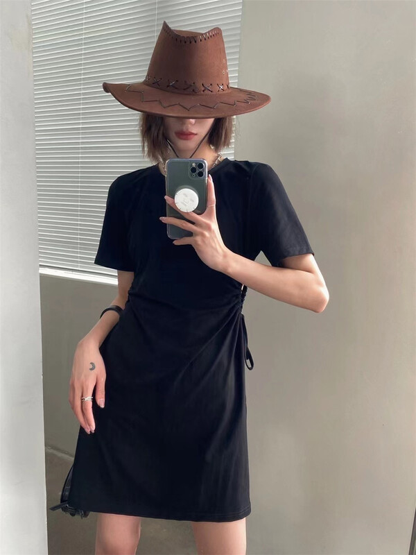Early summer Shangxin [black+white] drawstring waist leakage dress 2s101710t\lwy