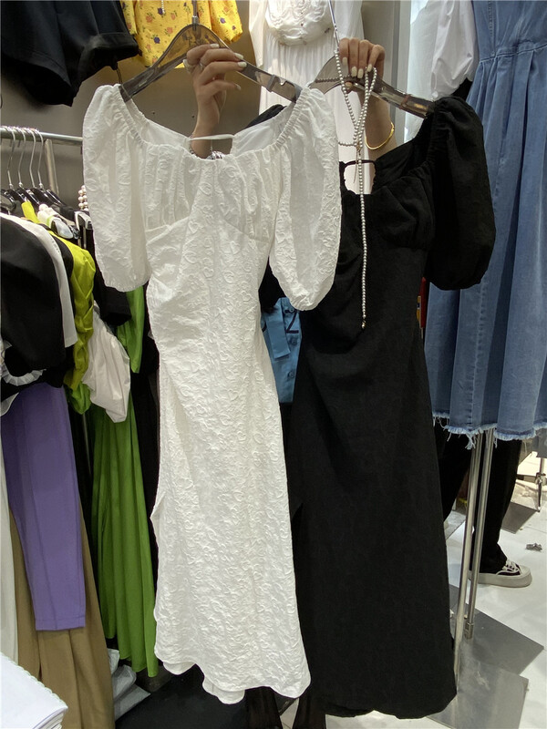 [ESU] bubble sleeve hollow out long dress 3820# ozq