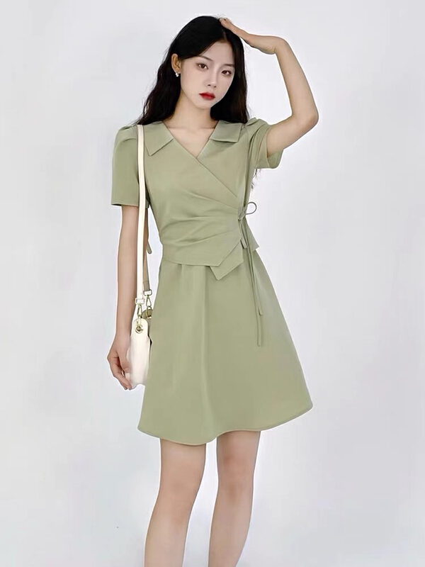 [jun.t] French V-neck design sense lace up fake two piece short dress 6030# PCZ