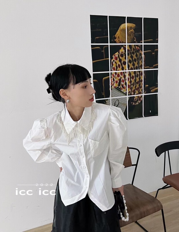 New in early summer! [ICC] Korean pearl tassel long sleeve button up shirt 6566# WTT