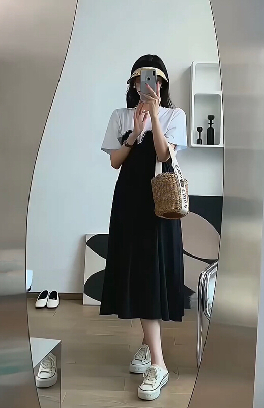 [JH] net red fake two piece splicing contrast dress 41693# PCZ