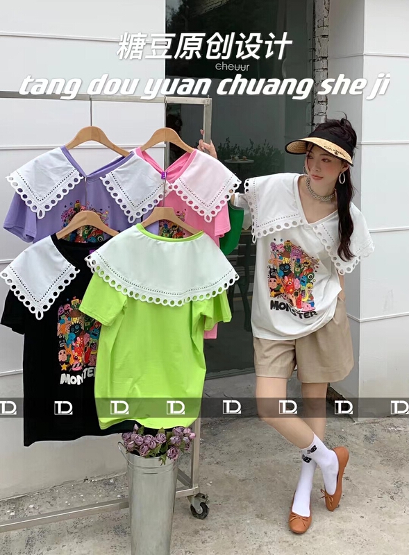 [tangdou original] doll neck Pullover printed short sleeve T-shirt 9658# WTT
