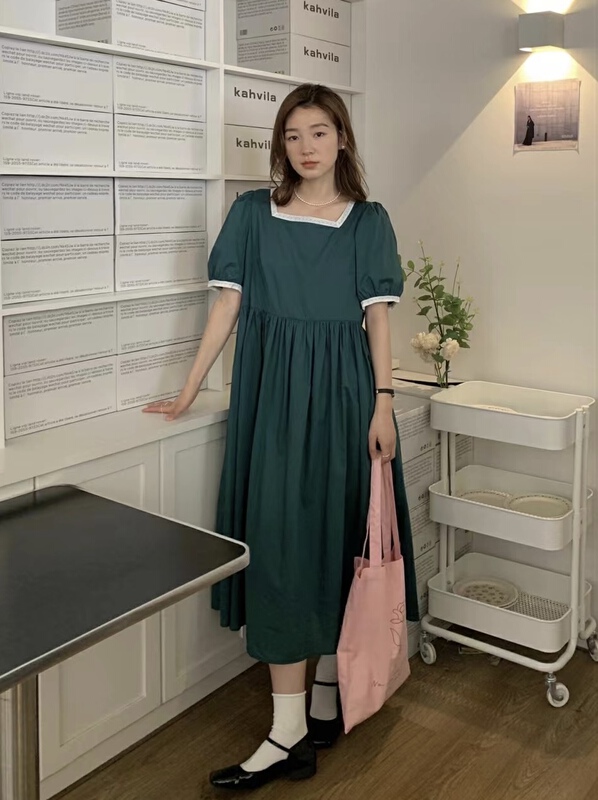 New in early summer! [Las celula] French square neck bubble sleeve color contrast edge dress (with suspender) c7362# zxx
