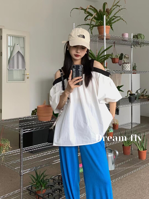 New in early summer! [mi ni] off shoulder versatile fashion color matching blouse ys1-2784# PCZ