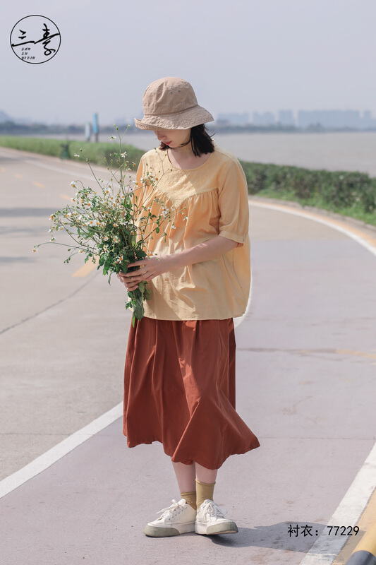 [original of three plain clothes] simple pure color literary style shirt 77229# XYJ