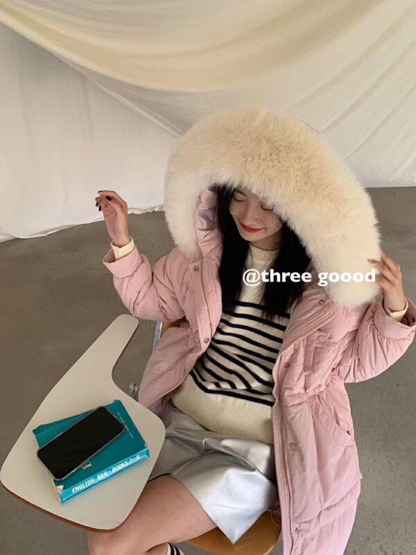 goods in stock! [Daidai] Korean version foreign style hooded warm down jacket (with detachable imitation wool collar) (including 90% white duck down) 4752# L