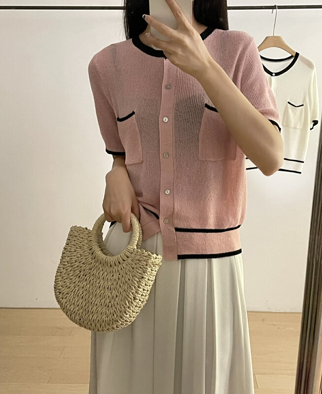 【BLOOM PLACE】韓系圓領撞色邊小香風小衫  M622265#  CLS