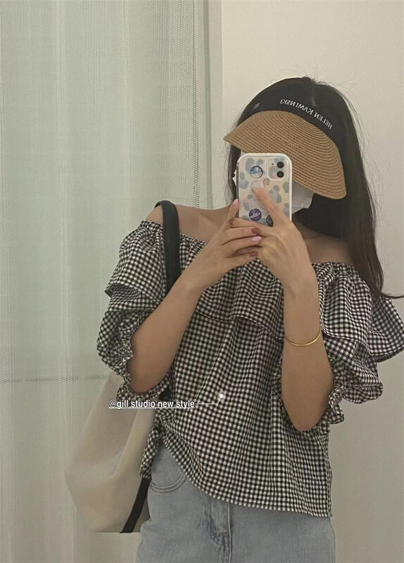 [gill] French style Plaid ruffled blouse 6050# zjy