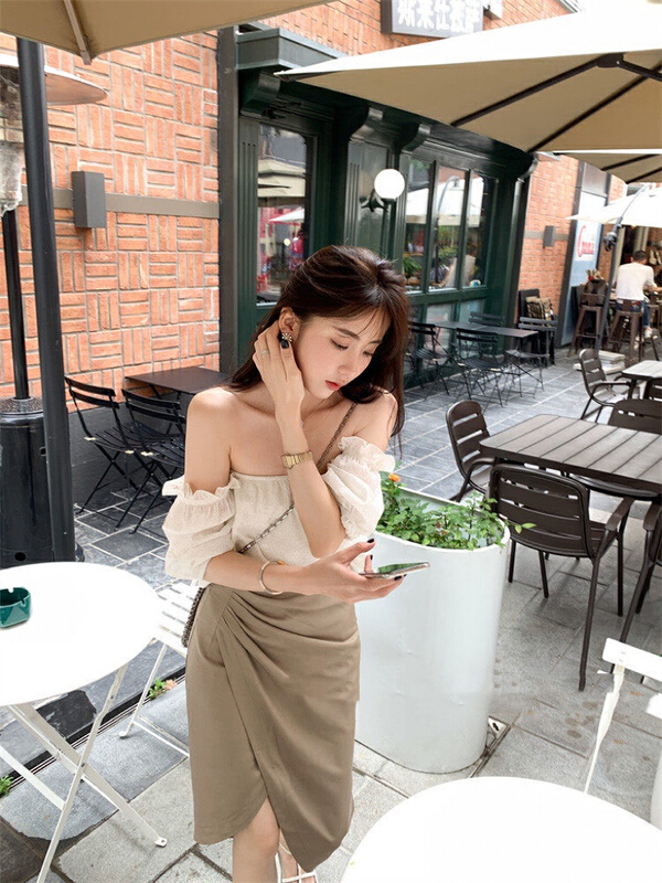 goods in stock! [y.jia Yijia] gentle off shoulder bubble sleeve blouse + high waist pleated split skirt suit ys2-8901# PCZ