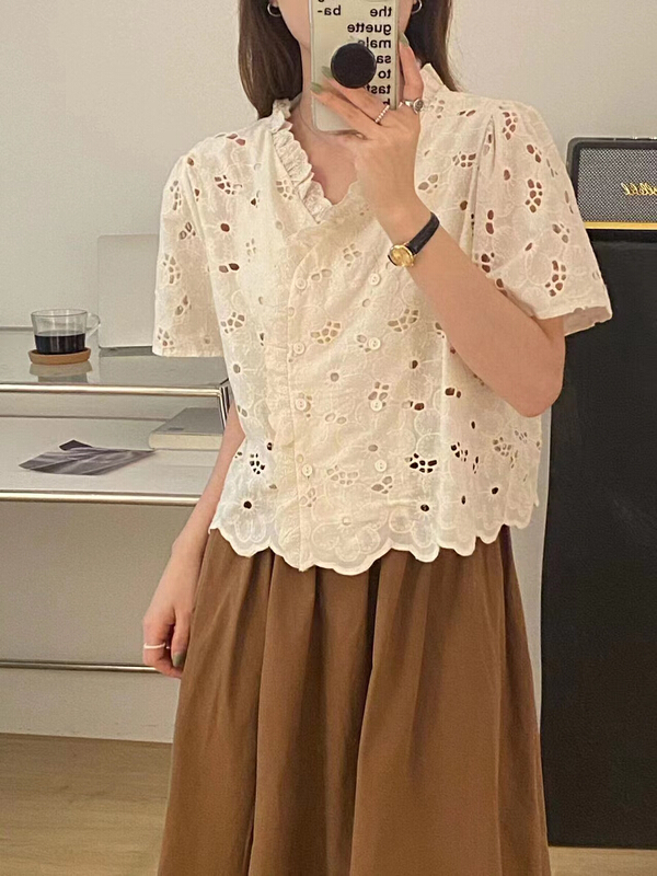 [tototellme] Korean embroidered breasted blouse 20491# HBx