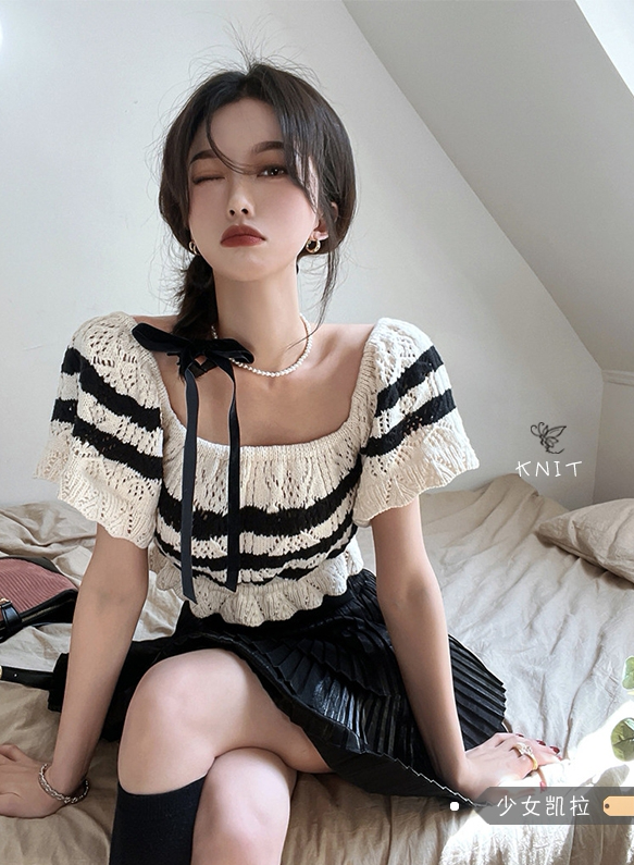 【潘】方領小飛袖花邊撞色條紋針織衫  00499#  PCZ