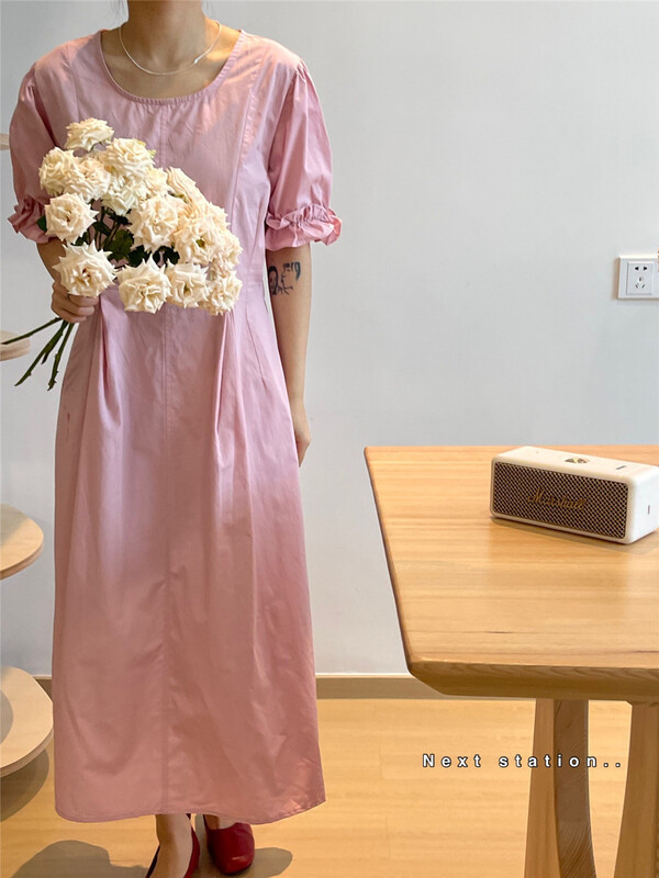 [next station] Korean solid color waist closing bubble sleeve dress 22172# ZSY