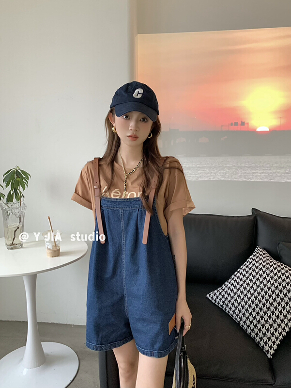[y.jia Yijia] letter printed short sleeve T-shirt + design belt strap Pants Set 8989# PCZ