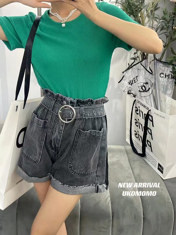 [x2 Fansi feather] bud elastic waist large pocket denim shorts (with belt) 6099# WTT