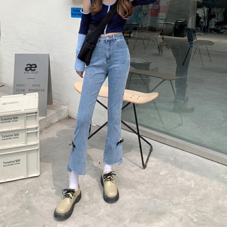 New year in early spring! [ten. Ten] Korean version of age reducing versatile bow with thin split and slightly flared jeans 67948# jhy