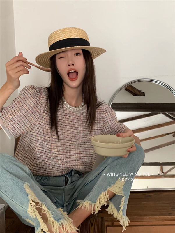 [Wingyee] Korean round neck color matching short sleeve T-shirt 9605# ll