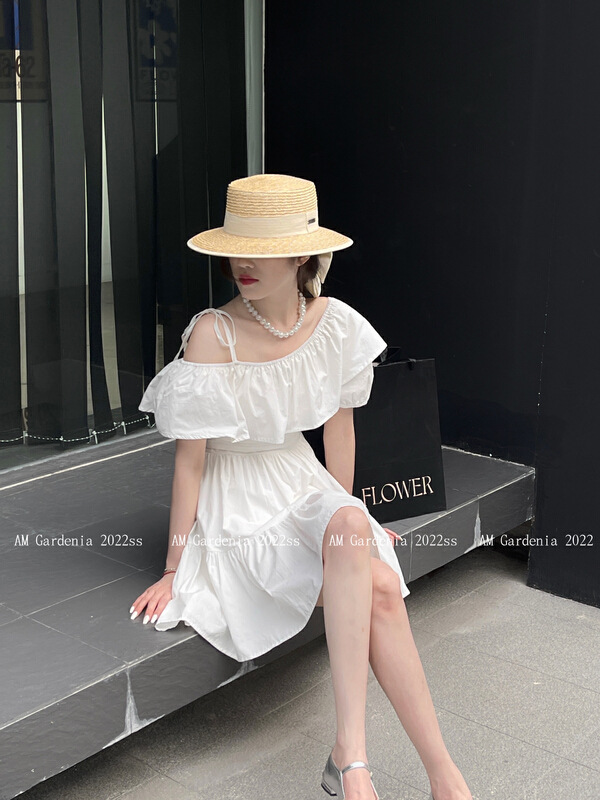 [neeko] Korean version of ruffled one-line collar and two-piece dress 3568# PCZ