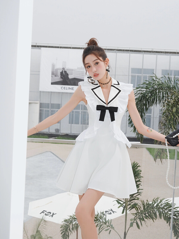 New in early summer! [ala] French stitched sweet bow Ruffle Dress l1561# JJ