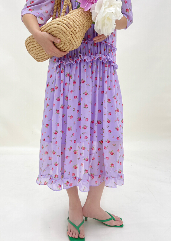 [attitude] round neck holiday style Purple Floral Dress (with suspender lining) aq4428# ozq