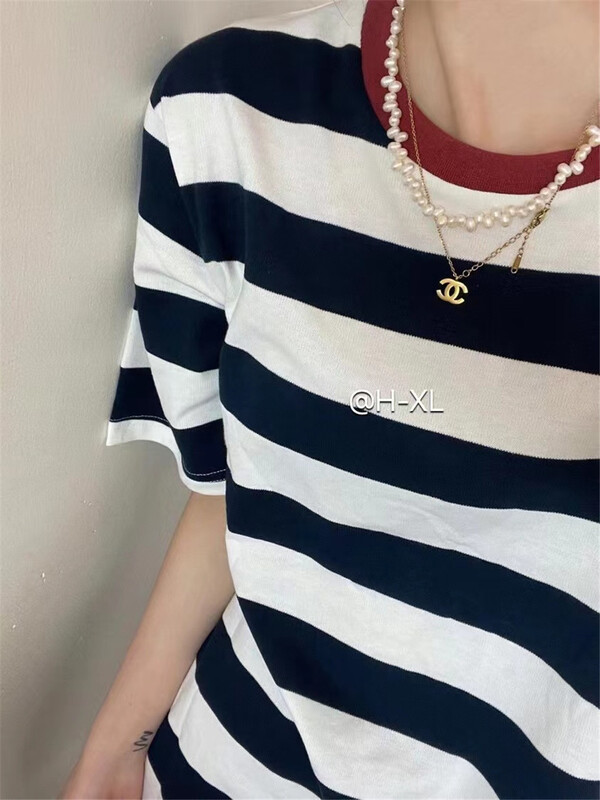 [h-xl] Korean round neck stripe short sleeve T-shirt 3522# XYY