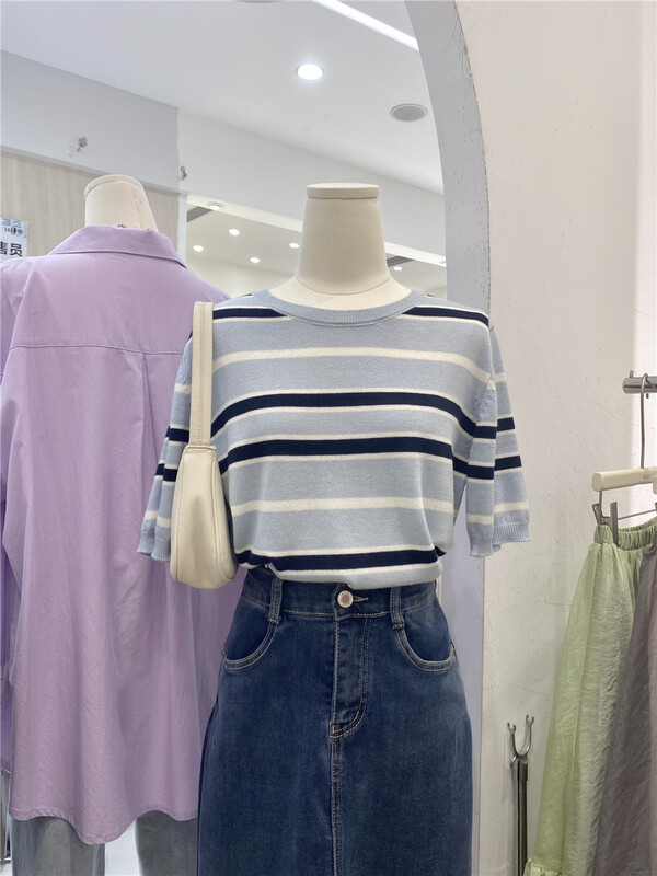 New in early summer! [sendu] Vintage striped short sleeved sweater 81239# zxx