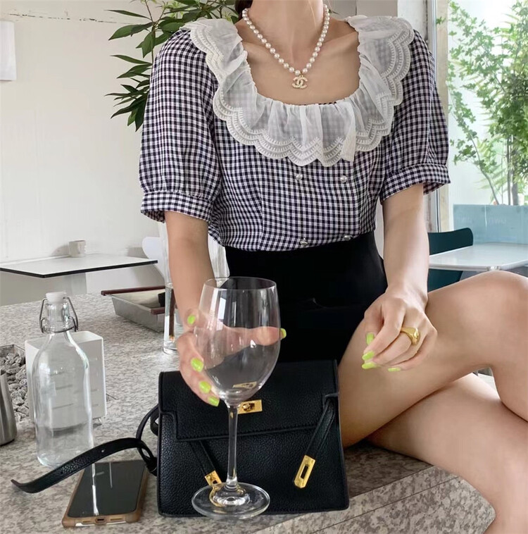 New in early summer! [Aiyi] lotus leaf collar Plaid fresh temperament blouse 2238# zxx
