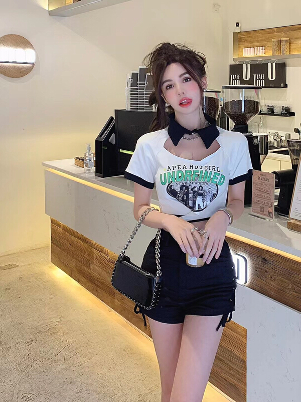 New in early summer! [HH] Korean versatile letter T-shirt + lace up casual Shorts Set (with removable strap) 2412# LSL