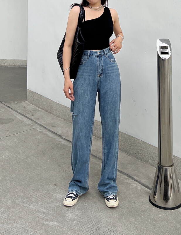 [hakie] thin material with holes, wide legs and thin jeans 69508# ozq