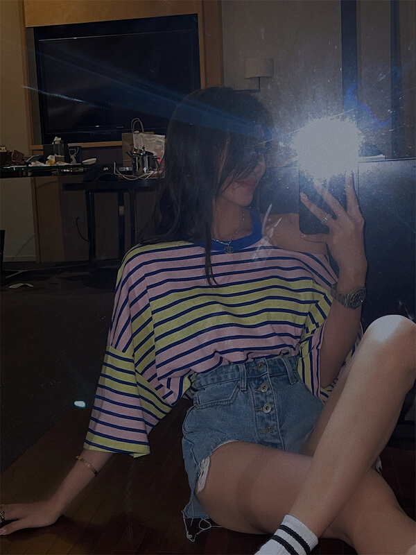[Wu / u] striped loose Korean Short Sleeve T-shirt w526# LSL