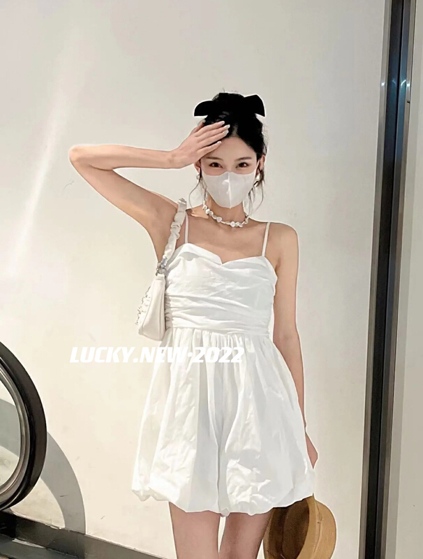[lucky] waist down, fluffy, folded and worn off shoulder suspender dress 8787# zxx